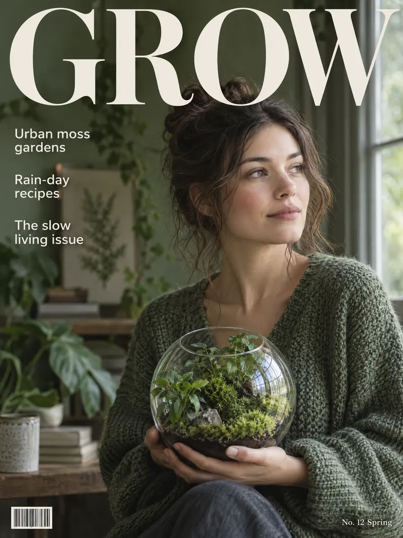 Magazine cover with a masthead, cover lines on the left and a portrait on the right