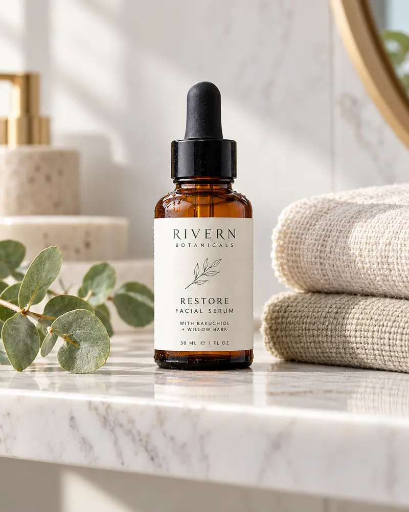 The same serum bottle placed on a marble bathroom shelf