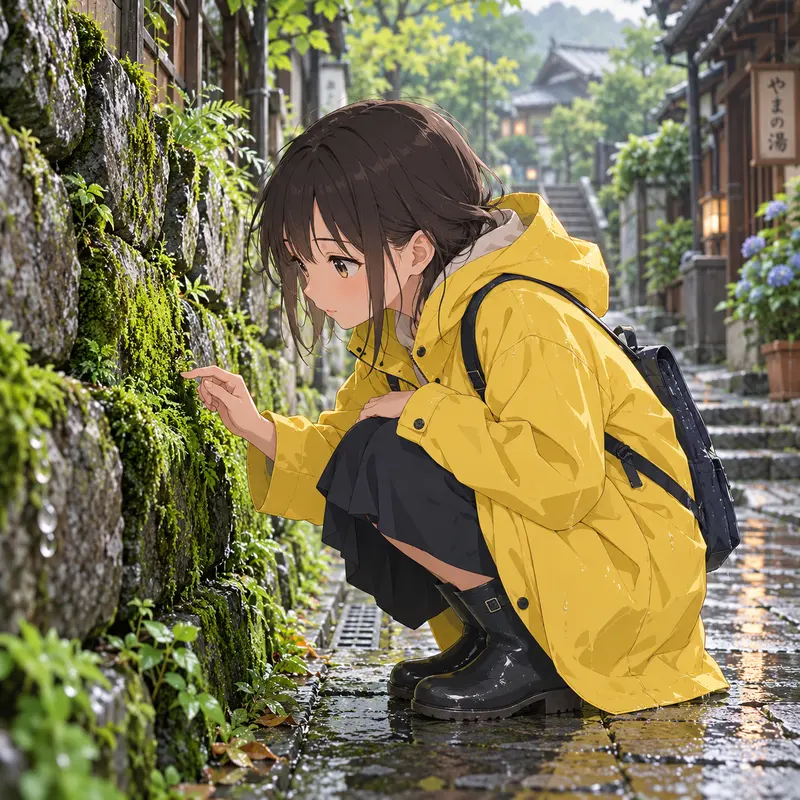 Anime illustration of a girl in a yellow raincoat looking at moss on a wall