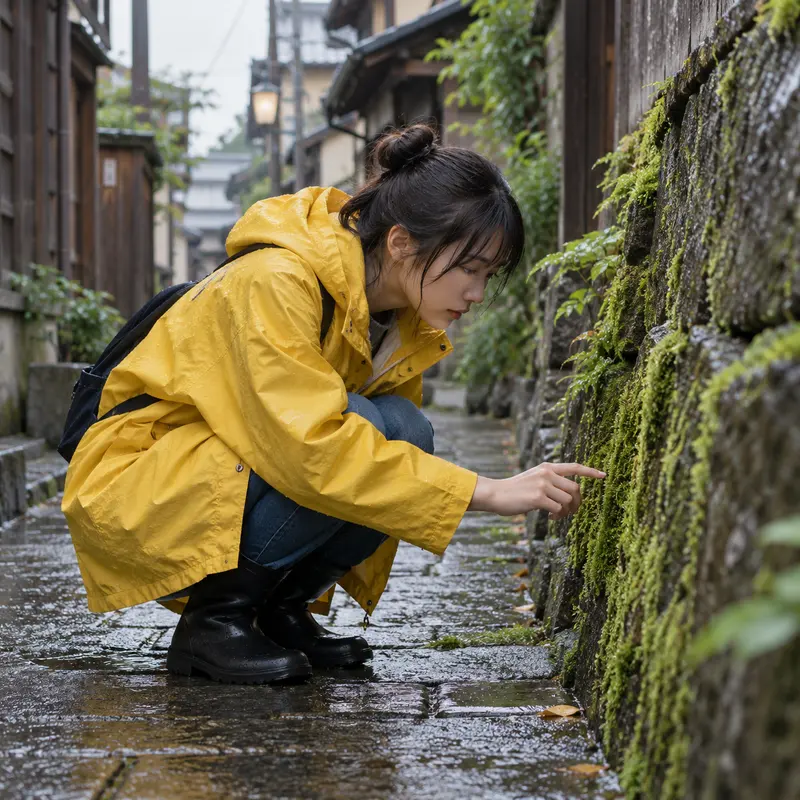 Photo of a girl in a yellow raincoat looking at moss on a wall