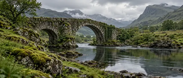Mossy stone bridge over a river in a green valley