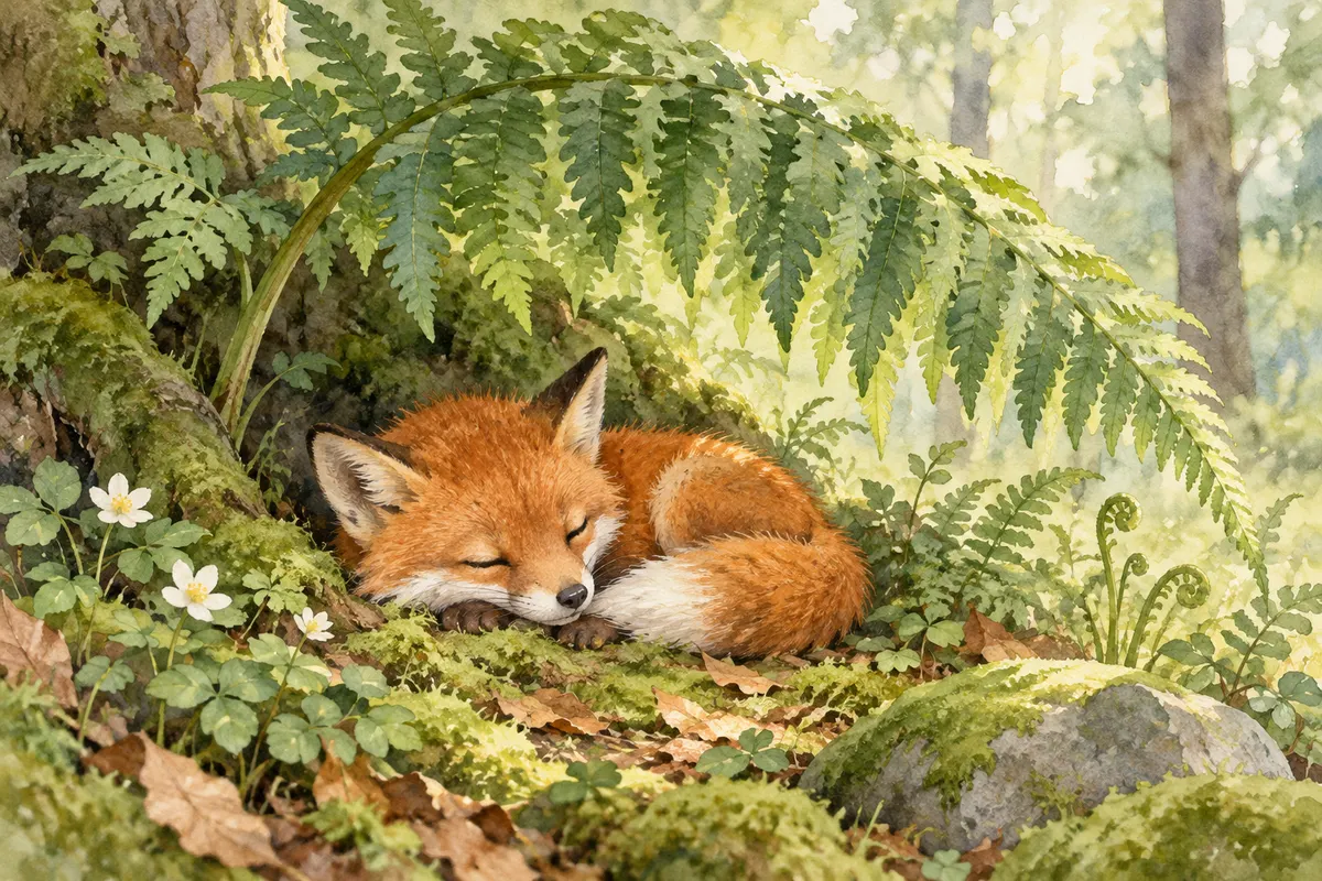Watercolor of a fox sleeping under a fern