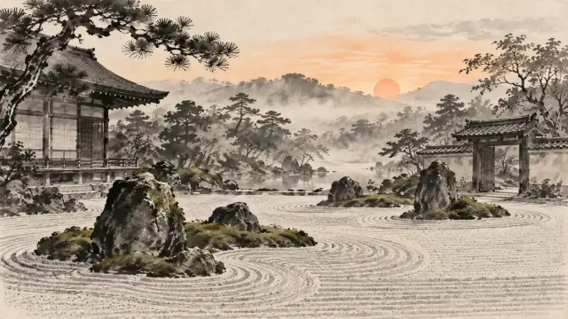 Ink wash painting of a Japanese moss garden