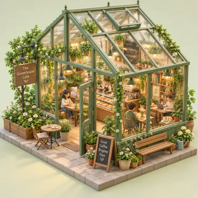 Clay render of a tiny greenhouse cafe