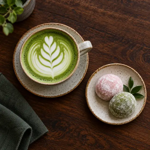 Matcha latte and mochi on a walnut table