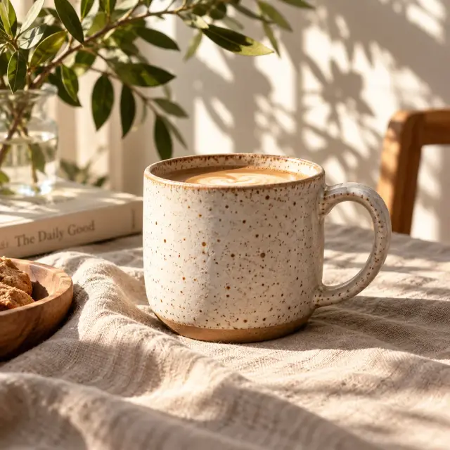 Speckled ceramic mug on linen in morning sun