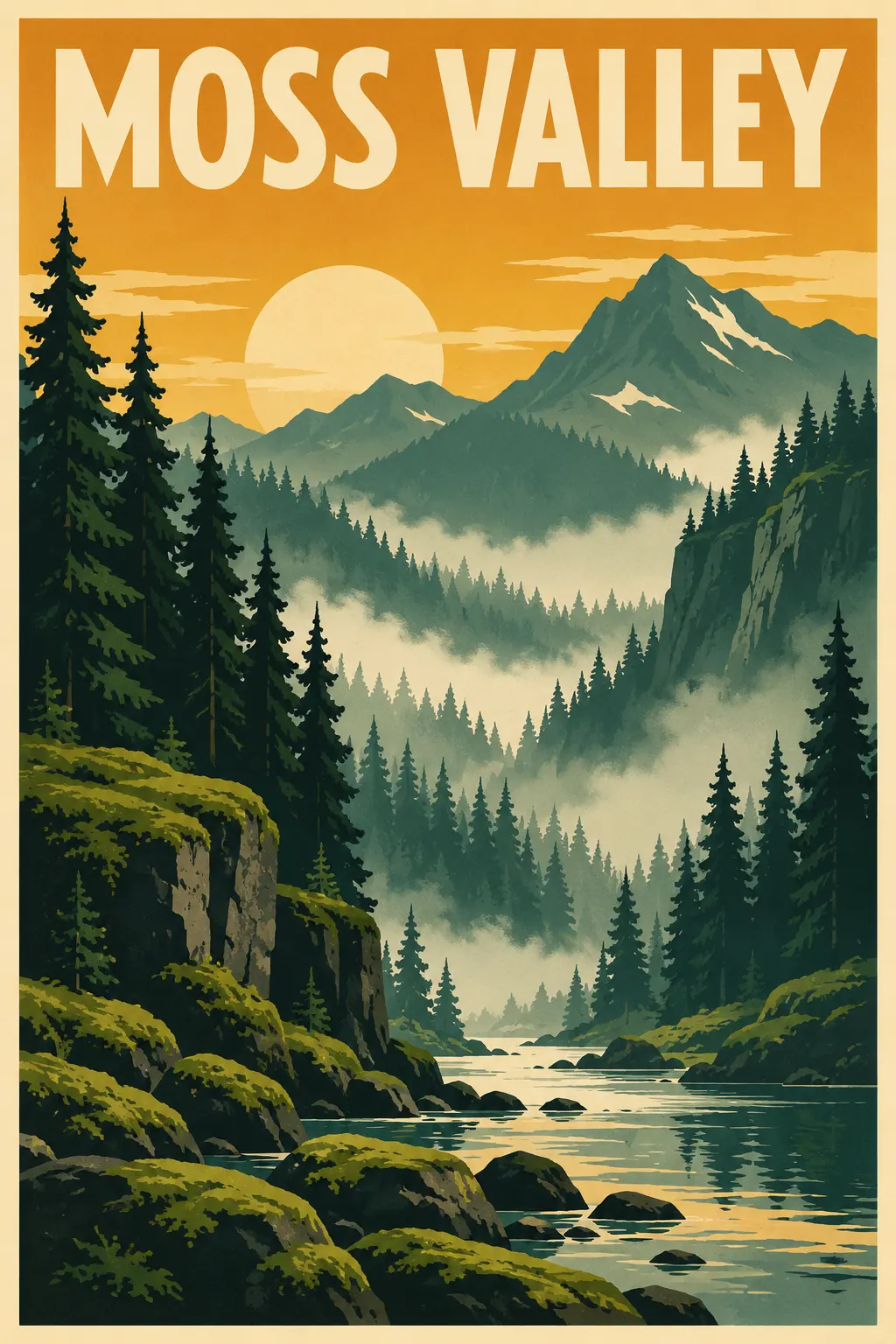 Vintage travel poster titled Moss Valley