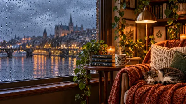 Reading nook by a rainy window at dusk